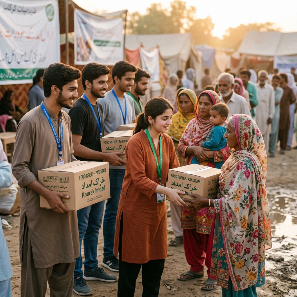 Student volunteers distributing rations